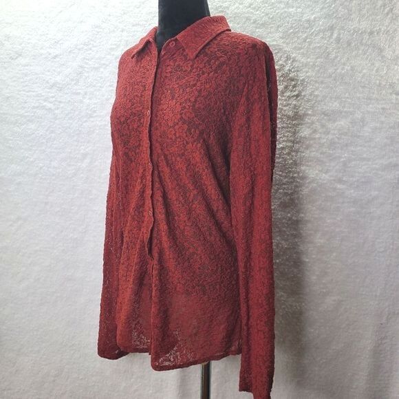 Liz Claiborne Lace Button Down Red Blouse Size Medium - Picture 8 of 16